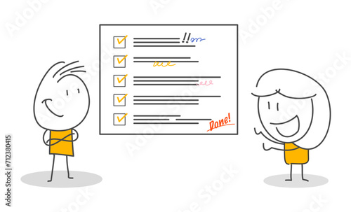 Stick figures. Office people. Task completion. Hand drawn doodle line art cartoon design character.