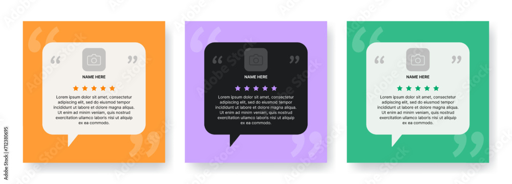 Post templates for client reviews. Customer testimonials in the form of speech bubbles with space for photos, text and star ratings. Vector design for social networks or websites. - obrazy, fototapety, plakaty 