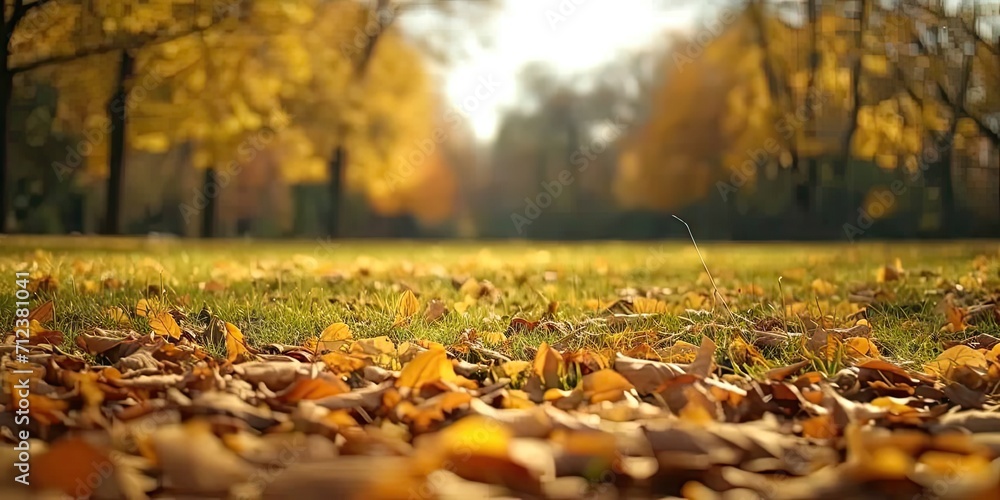 Autumnal nature with colorful trees and fallen leaves in forest park seasonal fall creating beauty in landscape bright maple leaf on ground sunny day outdoors flora and environment closeup view