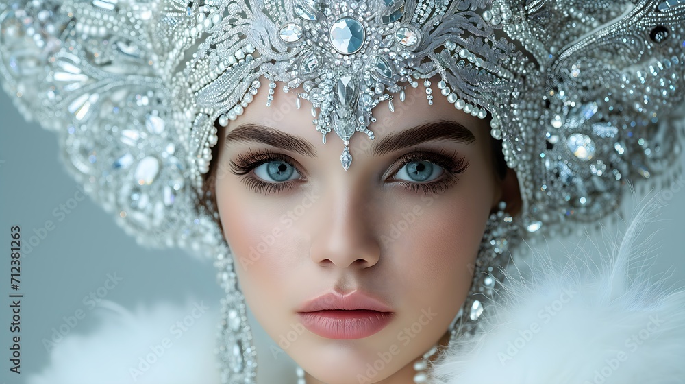 Closeup face of princess wearing a Diamond Kokoshnik 