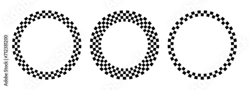 Circle checker frames. Round chess borders. Design for text for start, finish or winner. Pack of isolated elements on a white background.