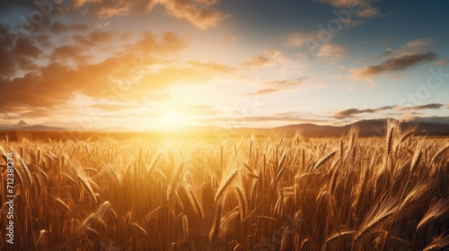 image peaceful scene of wheat field at sunrise. amidst the wheat stalks