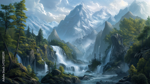 a fantasy scene with mountain, trees, and waterfall in the background, in the style of desolate landscapes, grandiloquent landscapes photo