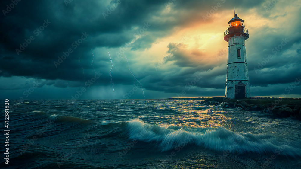 An eerie illustration of an old lighthouse under a stormy sky