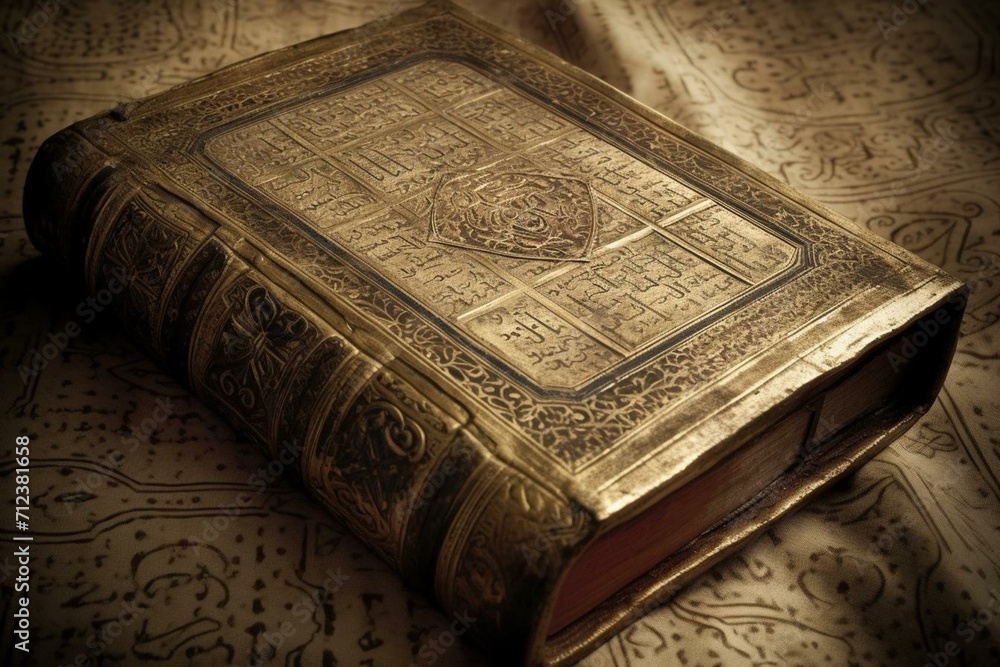 Fototapeta premium Radiant sacred scripture - aged tome on antique surface. Generative AI