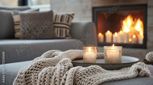 Beige chunky knit throw on grey sofa. Сoffee table with candles against fireplace. Scandinavian farmhouse, hygge home interior design of modern living room. Warm and inviting winter atmosphere.