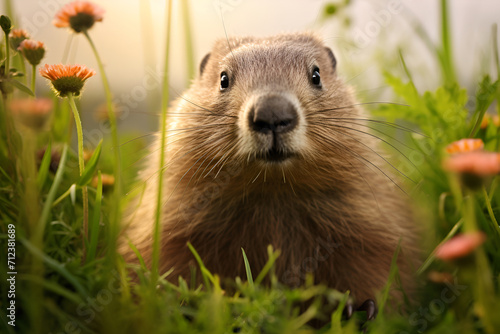 Groundhog on a meadow with spring flowers