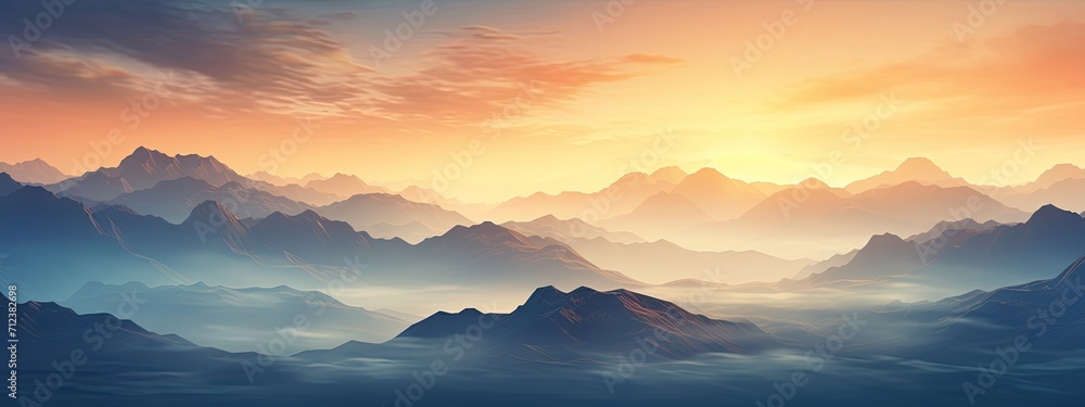Golden sunrise illuminating the misty mountains. Good atmosphere in the morning. Relax view