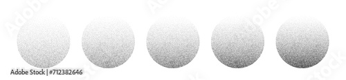 Gradient noise circles made of grains. Halftone round pattern elements of dots with a smooth gradation in tone from dark to light. Vector isolated illustration on white background.