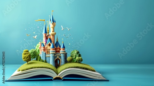 World book day. Flying Open book with magical book with fantasy stories inside it.