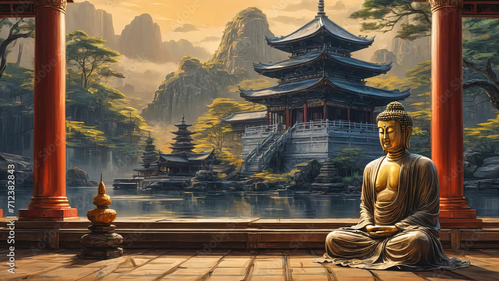 illustration of golden buddha sitting at tree and meditating near to river,rocks, mountains and temples, red pillars, generative AI - obrazy, fototapety, plakaty 