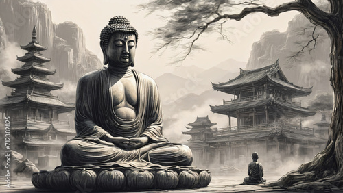 black and white illustration of monk sitting at tree and meditating near to big buddha statue,rocks, mountains and temples, generative AI