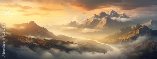 Golden sunrise illuminating the misty mountains. Good atmosphere in the morning. Relax view