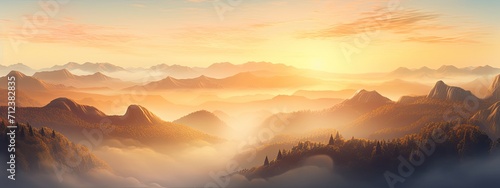 Golden sunrise illuminating the misty mountains. Good atmosphere in the morning. Relax view