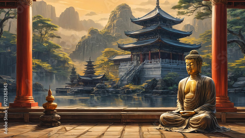 illustration of golden buddha sitting at tree and meditating near to river,rocks, mountains and temples, red pillars, generative AI