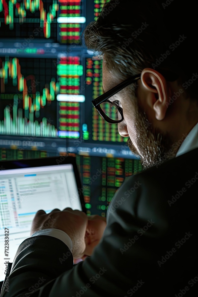 Trader investor analyst looking at computer screen analyzing financial graph data on monitor. Trader looking at market chart on laptop. Trader investor analyst looking at computer screen analyzing financial graph data on monitor. Trader looking at market chart on laptop.