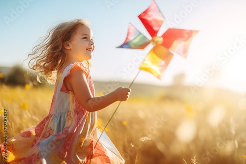 A girl in a dress runs across a field on a clear sunny day with a children's toy windmill, a weather vane rotates in the wind photo