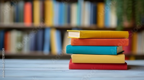 View of World book day banner design of a collection of stack of books on reading desk in library study room for education learning, and national library lovers month concept.