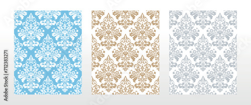 Wallpapers in the style of Baroque. Seamless vector backgrounds. Set of colored floral ornaments. Graphic patterns for fabric, wallpaper, packaging. Ornate Damask flower ornaments