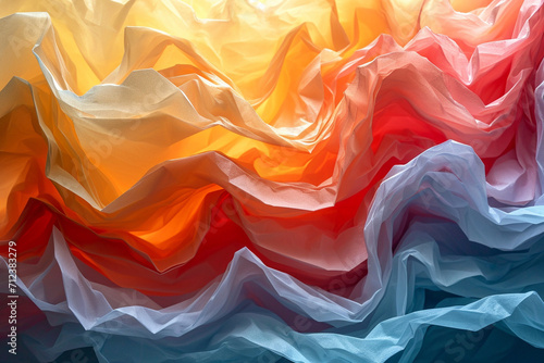 A contemporary art piece featuring folded shapes in a gradient of sunrise colors, from golden yellow to pastel pink and light aqua