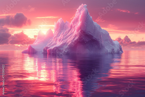 A conceptual design of an angular  polygonal iceberg floating in a sea of soft pastel gradients