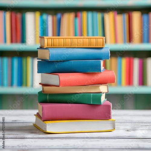 View of World book day banner design of a collection of stack of books on reading desk in library study room for education learning, and national library lovers month concept.