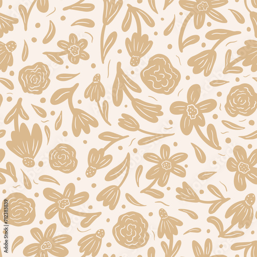 bicolor contour silhouette seamless pattern with flowers and leaves. Abstract floral spring, summer pattern.