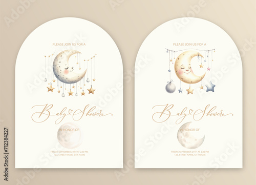 Cute baby shower watercolor invitation card for baby and kids new born celebration with moon and stars.