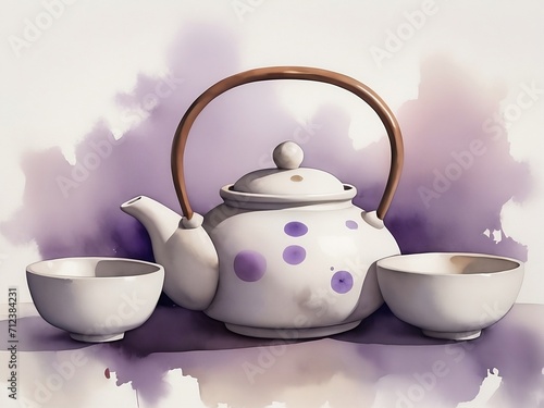 A a masterfully crafted clay teapot and two bowls, set against a pale, watercolor backdrop. 