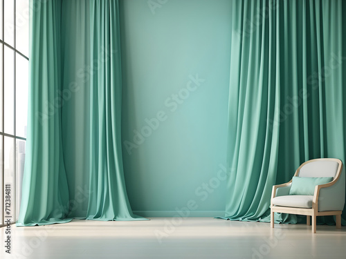 Aqua green empty wall in a room with silk curtain drapes. Template for product presentation. Living, gallery, studio, office concept, Mock-up 3D rendering. 