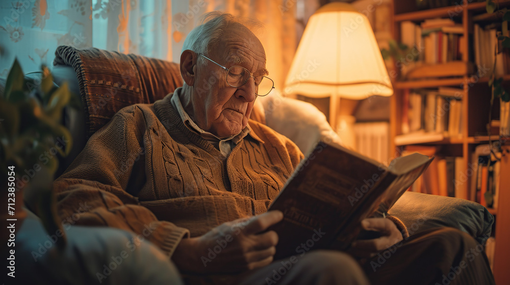 Elderly Man Reading a Book in Cozy Home Environment.