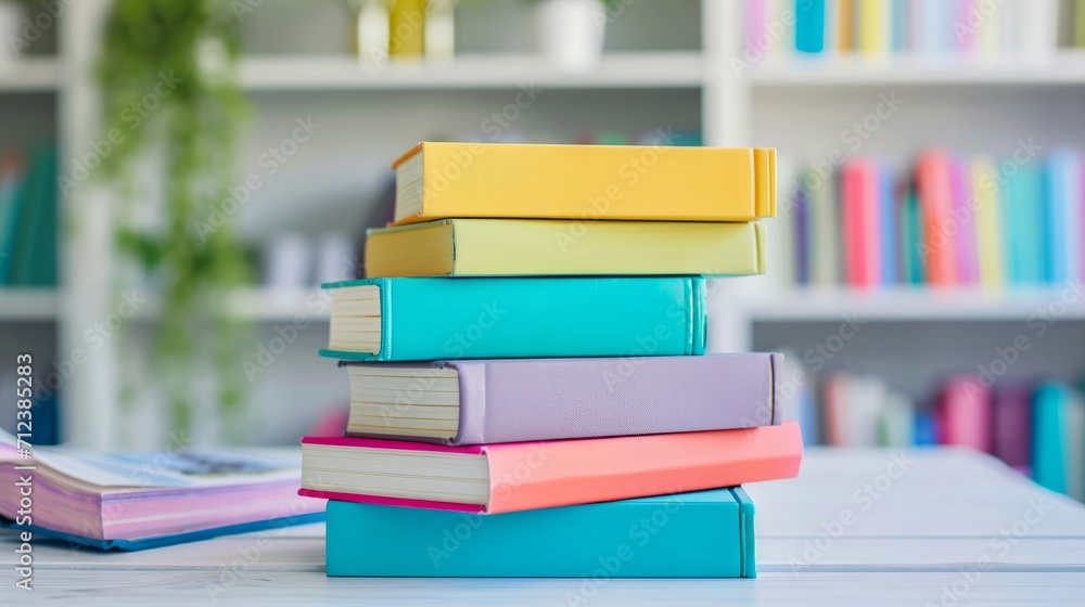 World book day. Concept of a collection of stack of books on reading desk in library study room. World book day. Concept of a collection of stack of books on reading desk in library study room.