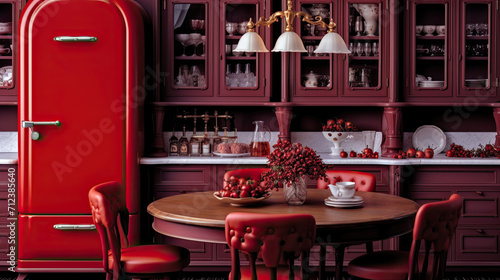interior of a traditional dining room with red accents created with Generative AI technology