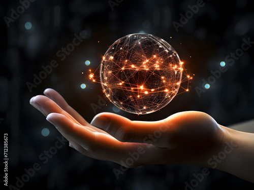 Human hand touching digital sphere network on black background. Business people touch the big data of global network connections. Internet and digital technology.