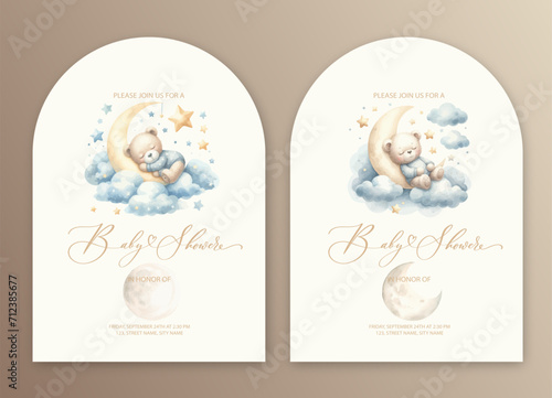 Cute baby shower watercolor invitation card for baby and kids new born celebration with plush teddy bear toy sleep on cloud.