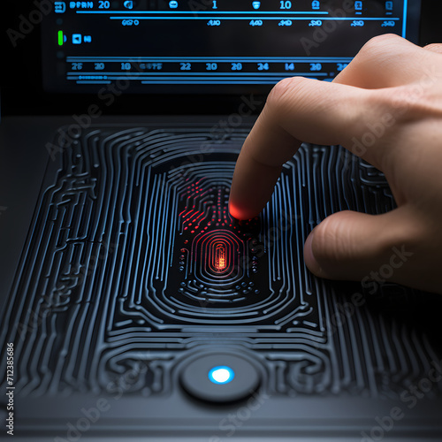 Close-up of a finger scanning a biometric fingerprint reader isolated on white background, hyperrealism, png 