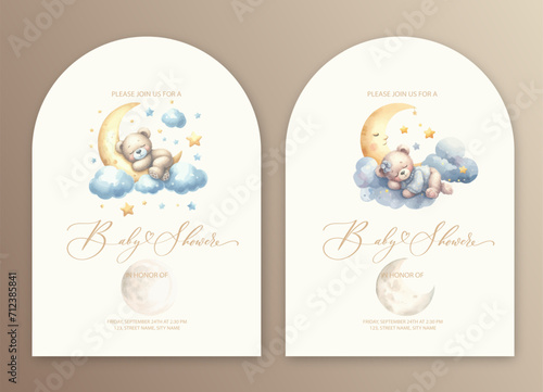 Cute baby shower watercolor invitation card for baby and kids new born celebration with plush teddy bear toy sleep on cloud.