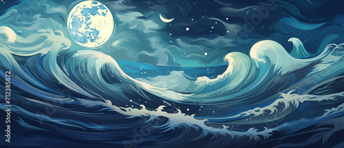 Ondas no mar em uma noite  de lua cheia - Ilustração photo