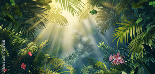 Floresta com plantas e   rvores tropicais com a luz do sol vindo do c  u 