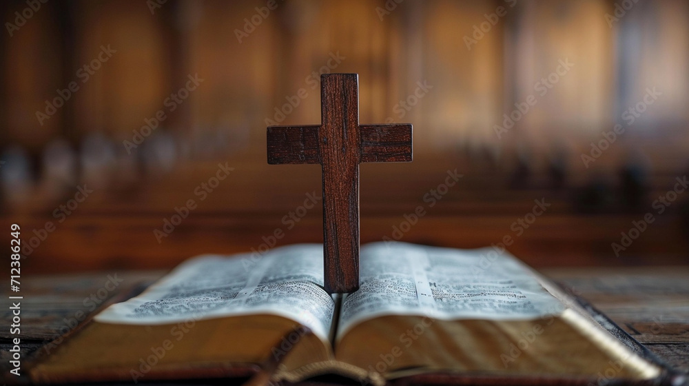 A Christian cross gently placed on an open Bible, symbolizing faith and devotion, Christian cross, religious A Christian cross gently placed on an open Bible, symbolizing faith and devotion, Christian cross, religious