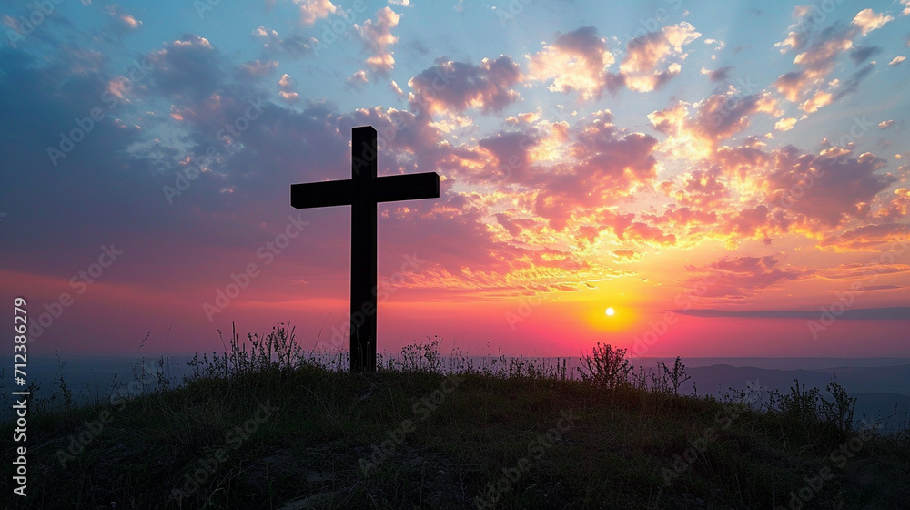 A sunrise silhouette of a cross on a hill, symbolizing hope and new beginnings, Christian cross, religious
