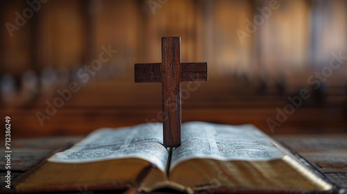 A Christian cross gently placed on an open Bible, symbolizing faith and devotion, Christian cross, religious