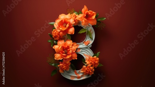 number 8 and flowers on a orange background. Women's day, 8 March invitation card. spring and holiday. © Svetlana