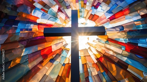 stained glass window with Christian cross, religious symbol. prayer in church. faith and hope. multi-colored sun rays.