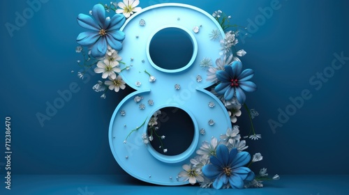number 8 and flowers on a blue background. Women's day, 8 March invitation card. spring and holiday.