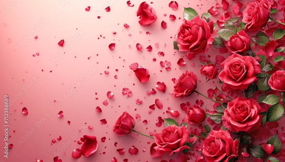 Red roses and scattered petals on a textured pink background symbolizing love, AI generated Red roses and scattered petals on a textured pink background symbolizing love, AI generated