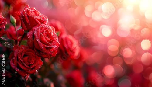 Close-up of vibrant red roses with dew drops against a bokeh background, AI generated