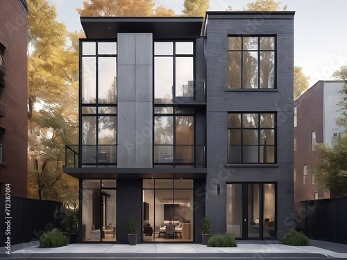 Hyper realistic 4k New York individual home, three story building with concrete walls, big windows…

