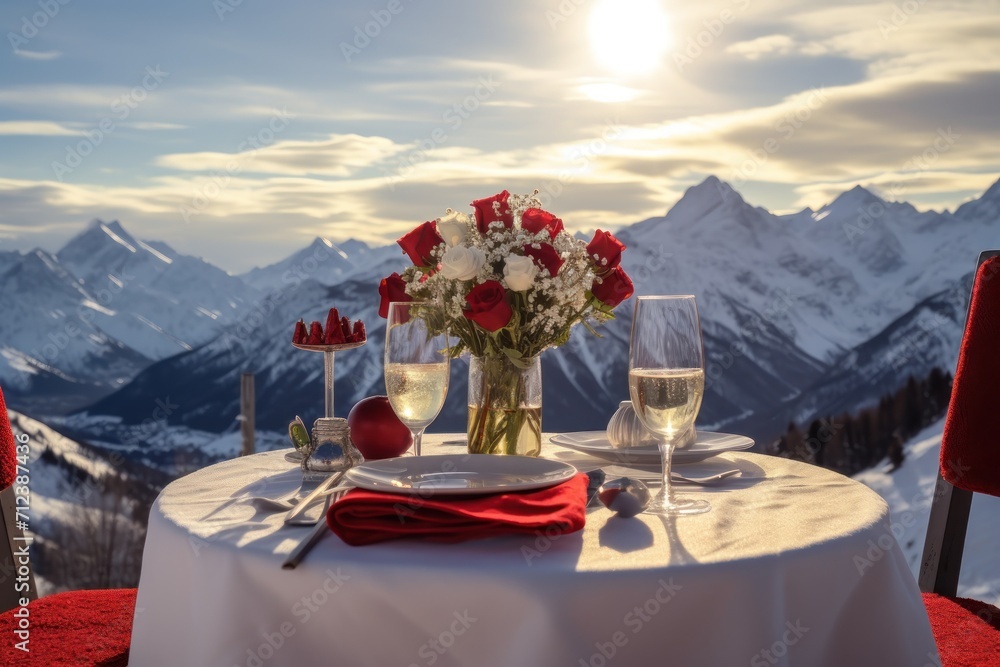 Fototapeta premium Valentine's Day bliss: A couple's romantic dinner ion the top of mountain adorned with heart balloons, flowers,wine.