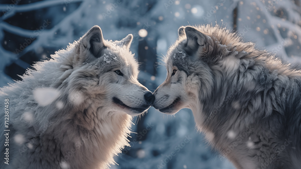 Two wolves touching noses with a snowy background.
